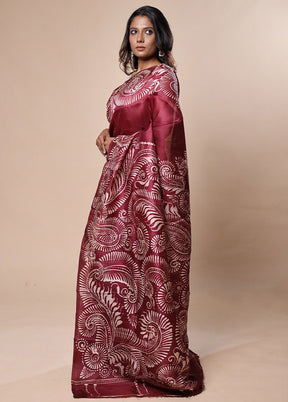 Maroon Printed Pure Silk Saree Without Blouse Piece