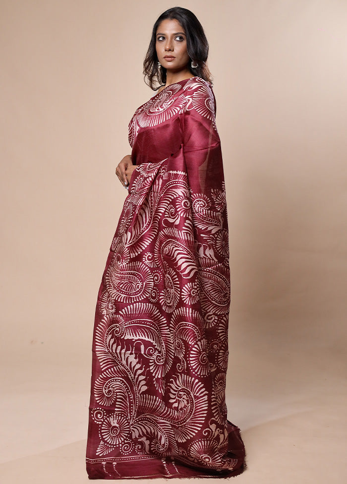 Maroon Printed Pure Silk Saree Without Blouse Piece