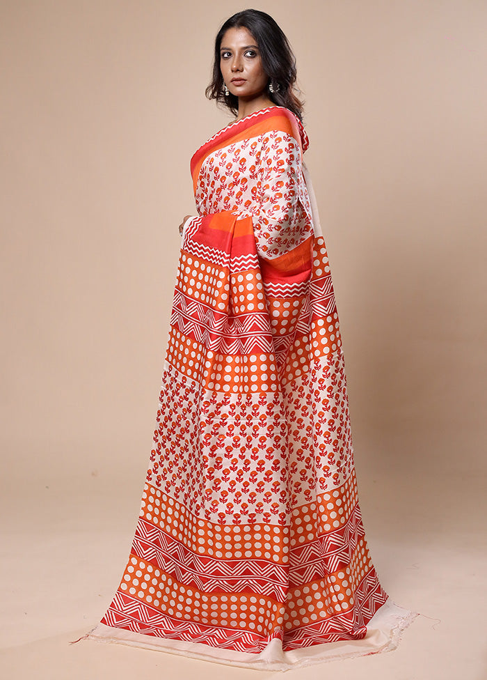 White Printed Pure Silk Saree Without Blouse Piece