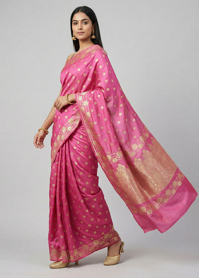 Pink Handloom Banarasi Pure Silk Saree With Blouse Piece