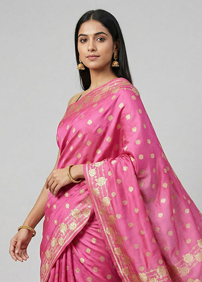Pink Handloom Banarasi Pure Silk Saree With Blouse Piece