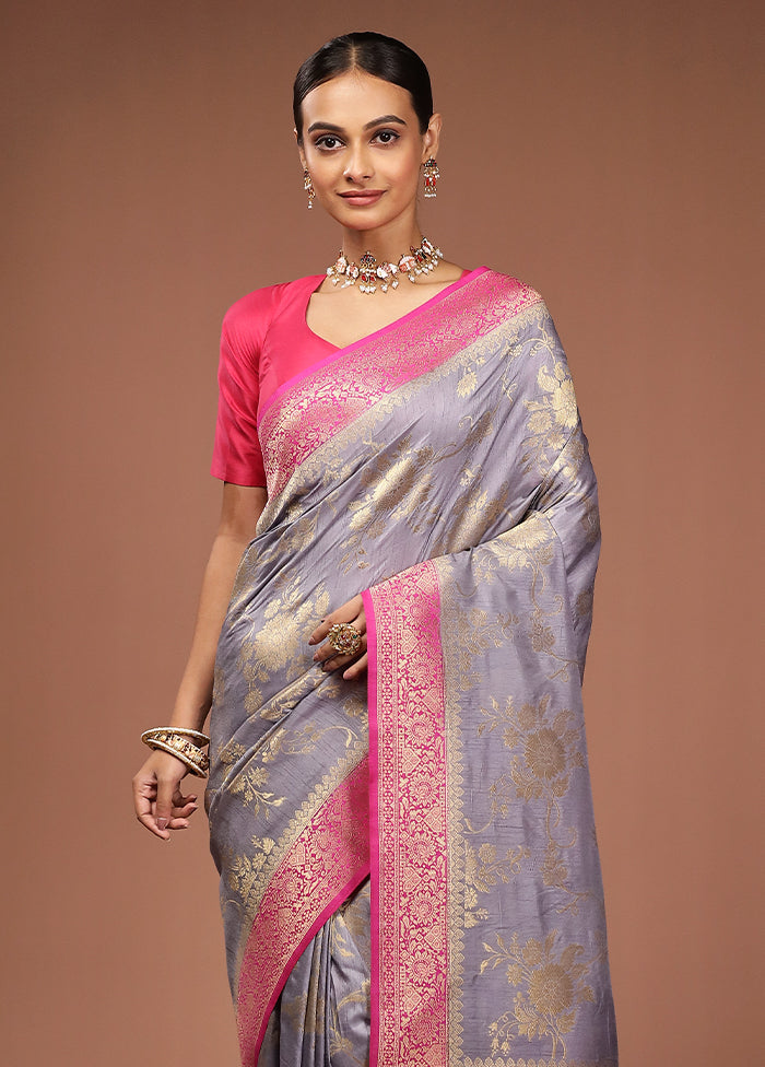 Grey Dupion Silk Saree With Blouse Piece