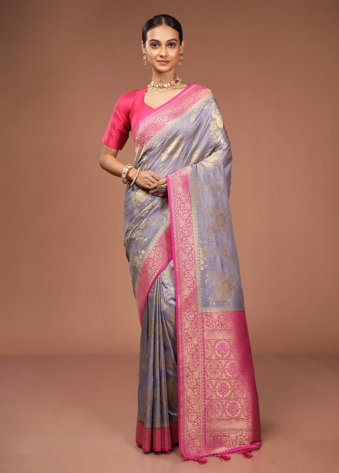 Grey Dupion Silk Saree With Blouse Piece