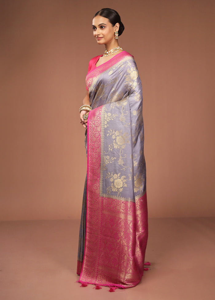 Grey Dupion Silk Saree With Blouse Piece
