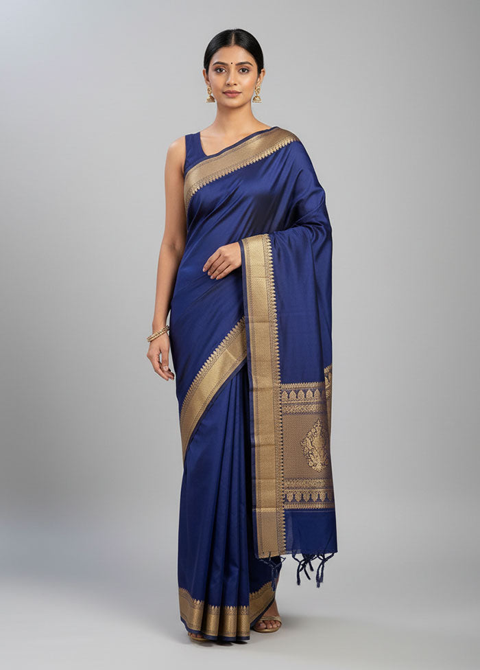 Blue Handloom Banarasi Pure Silk Saree With Blouse Piece