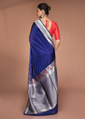 Blue Handloom Banarasi Pure Silk Saree With Blouse Piece