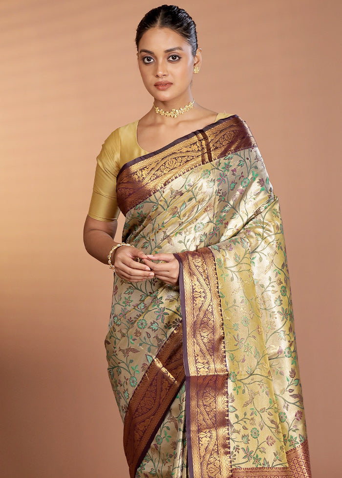 Gold Kanjivaram Silk Saree With Blouse Piece