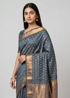 Grey Kanjivaram Silk Saree With Blouse Piece