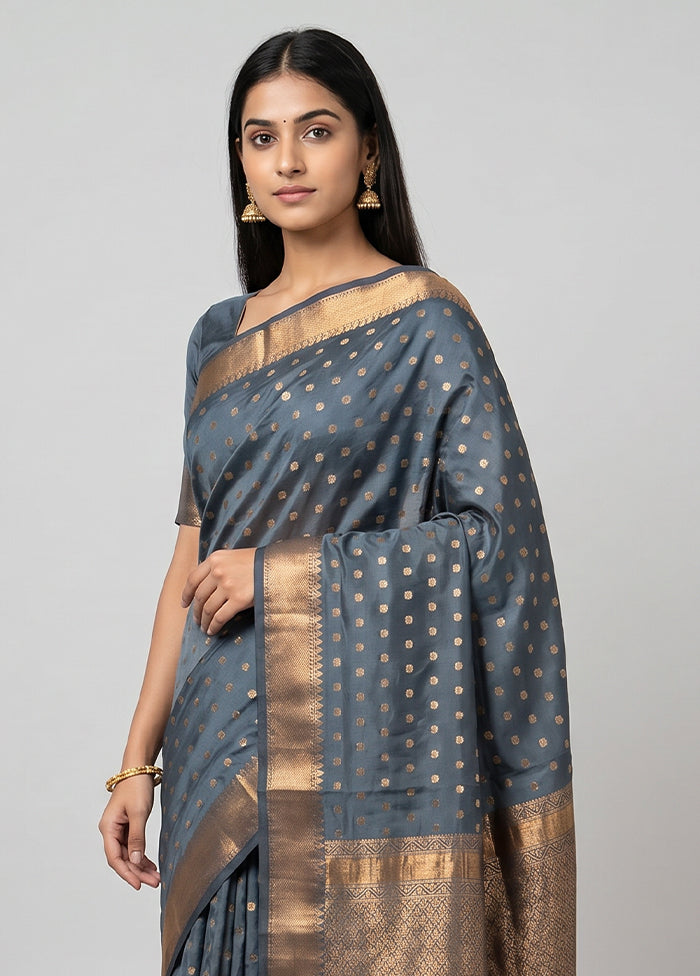Grey Kanjivaram Silk Saree With Blouse Piece