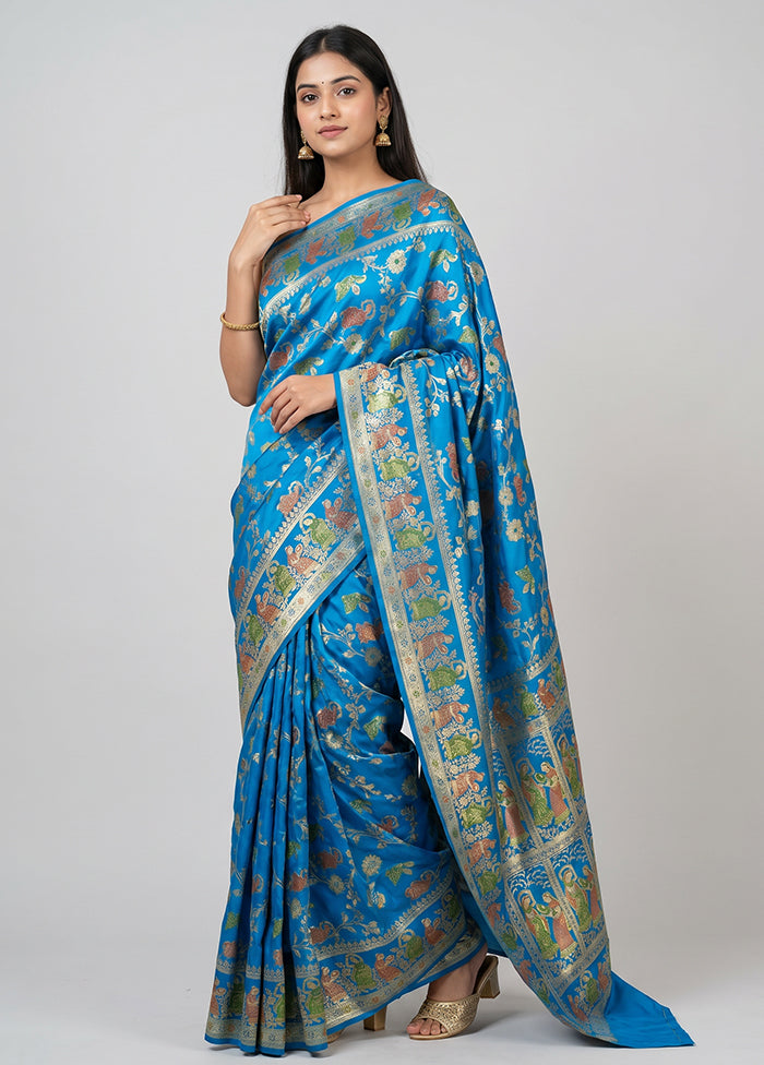 Blue Handloom Banarasi Pure Silk Saree With Blouse Piece