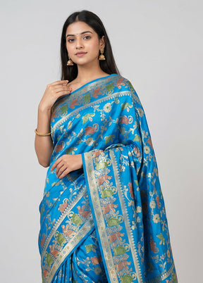 Blue Handloom Banarasi Pure Silk Saree With Blouse Piece