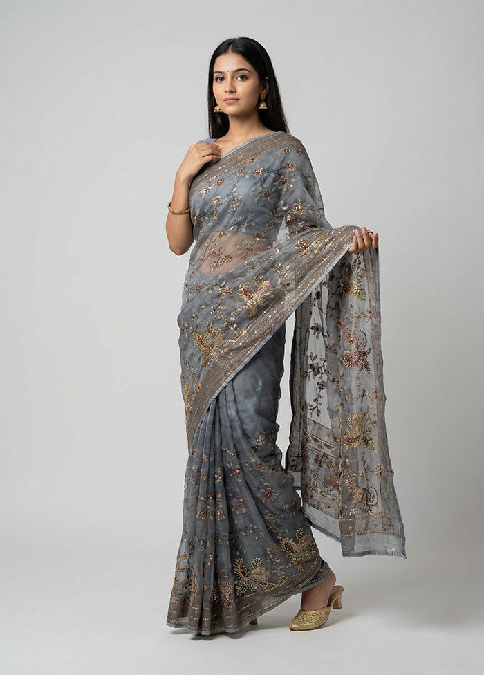 Grey Tussar Silk Saree With Blouse Piece