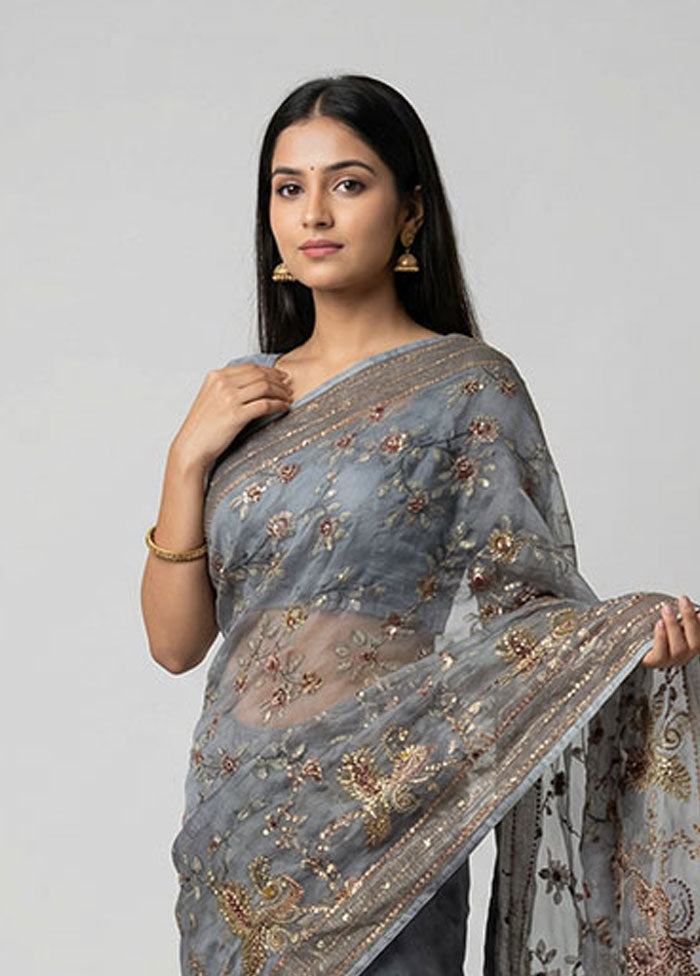 Grey Tussar Silk Saree With Blouse Piece