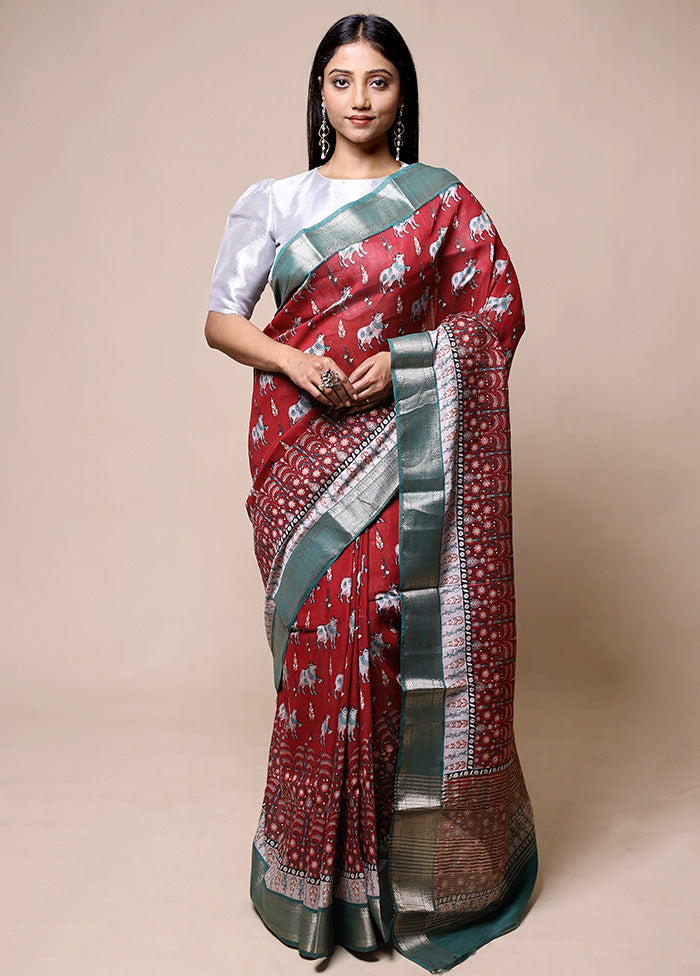 Maroon Chanderi Cotton Saree With Blouse Piece