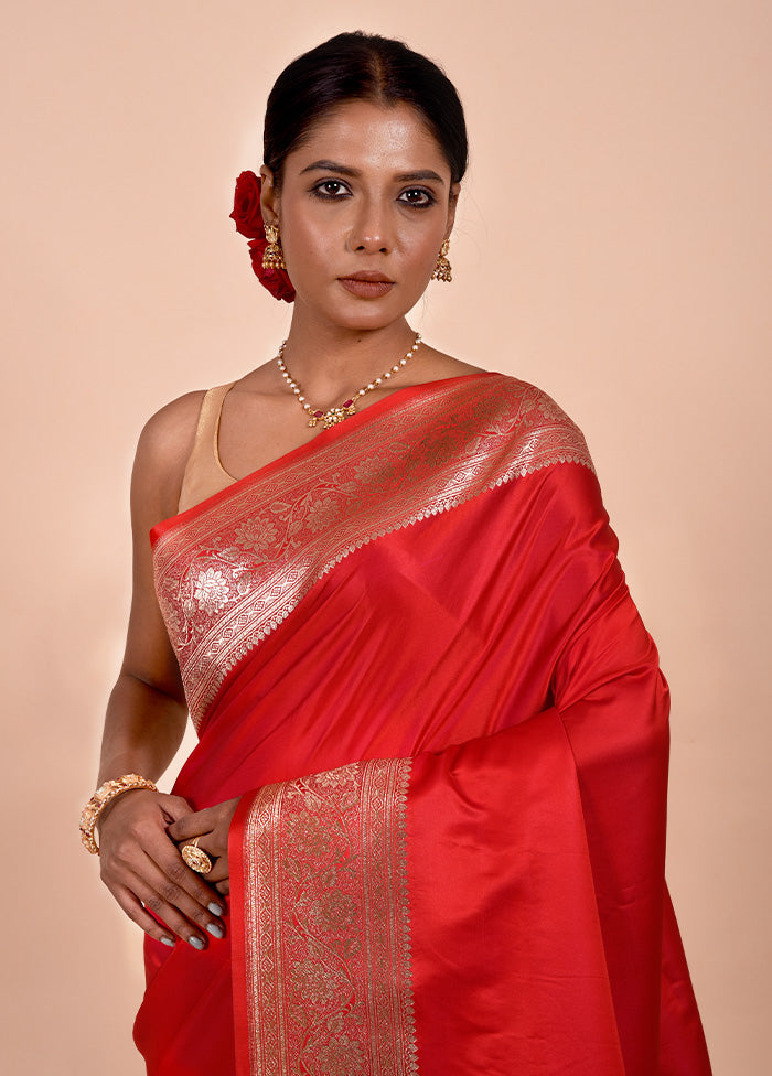 Red Banarasi Silk Saree With Blouse Piece