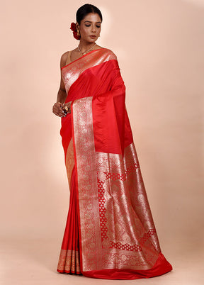 Red Banarasi Silk Saree With Blouse Piece