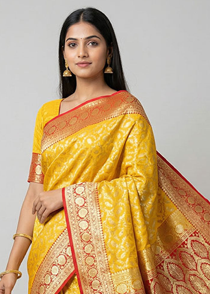 Yellow Handloom Banarasi Pure Silk Saree With Blouse Piece