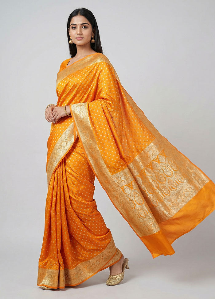 Orange Banarasi Silk Saree With Blouse Piece
