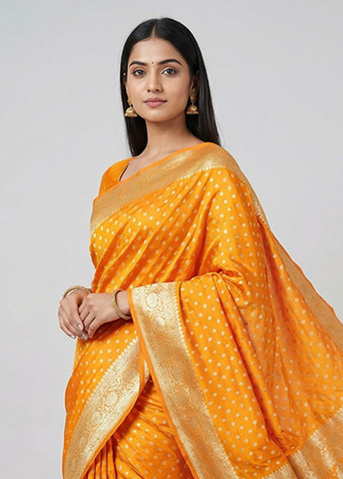 Orange Banarasi Silk Saree With Blouse Piece