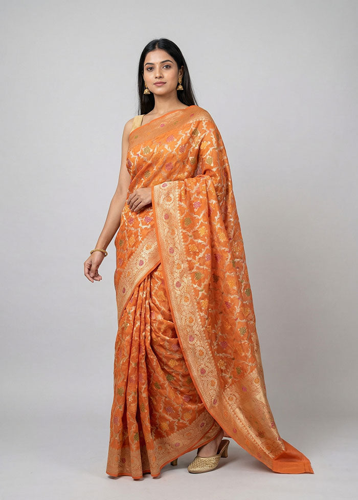 Orange Kora Silk Saree With Blouse Piece