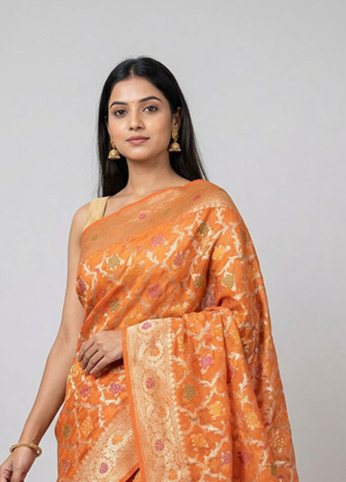 Orange Kora Silk Saree With Blouse Piece