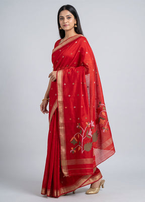 Red Jamdani Cotton Saree Without Blouse Piece