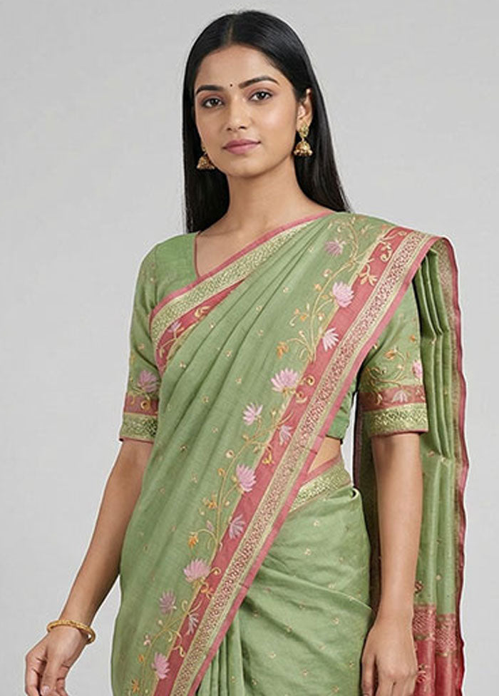 Green Kora Silk Saree With Blouse Piece