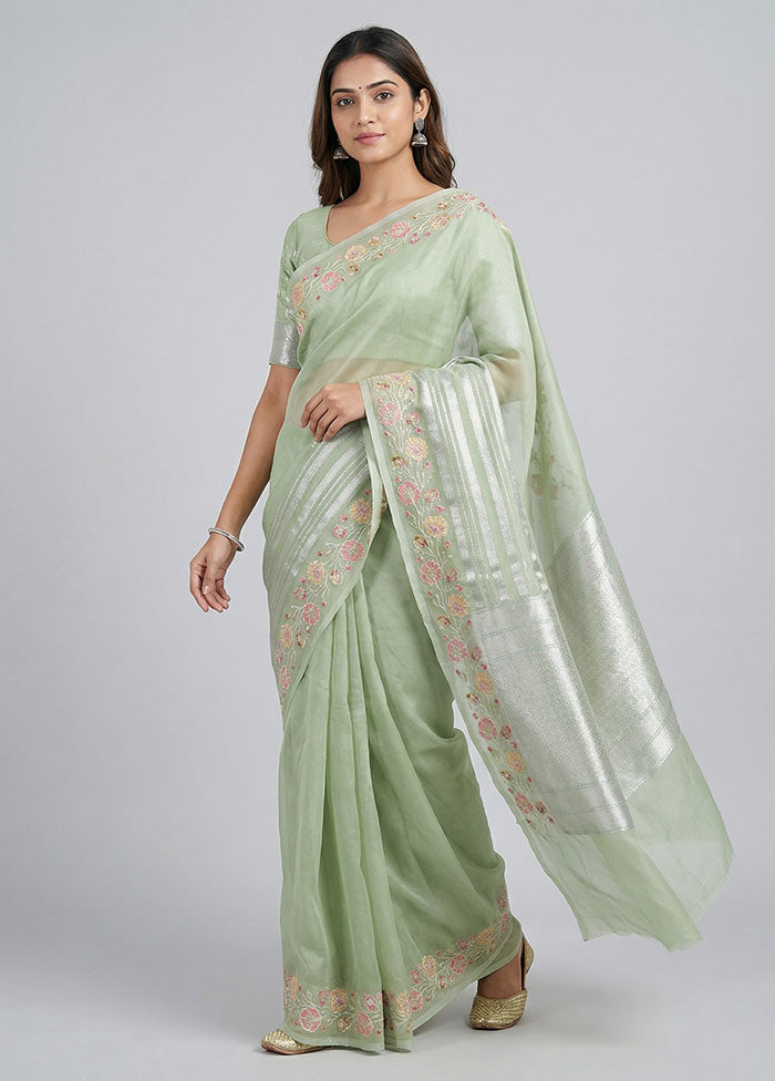 Green Organza Saree With Blouse Piece