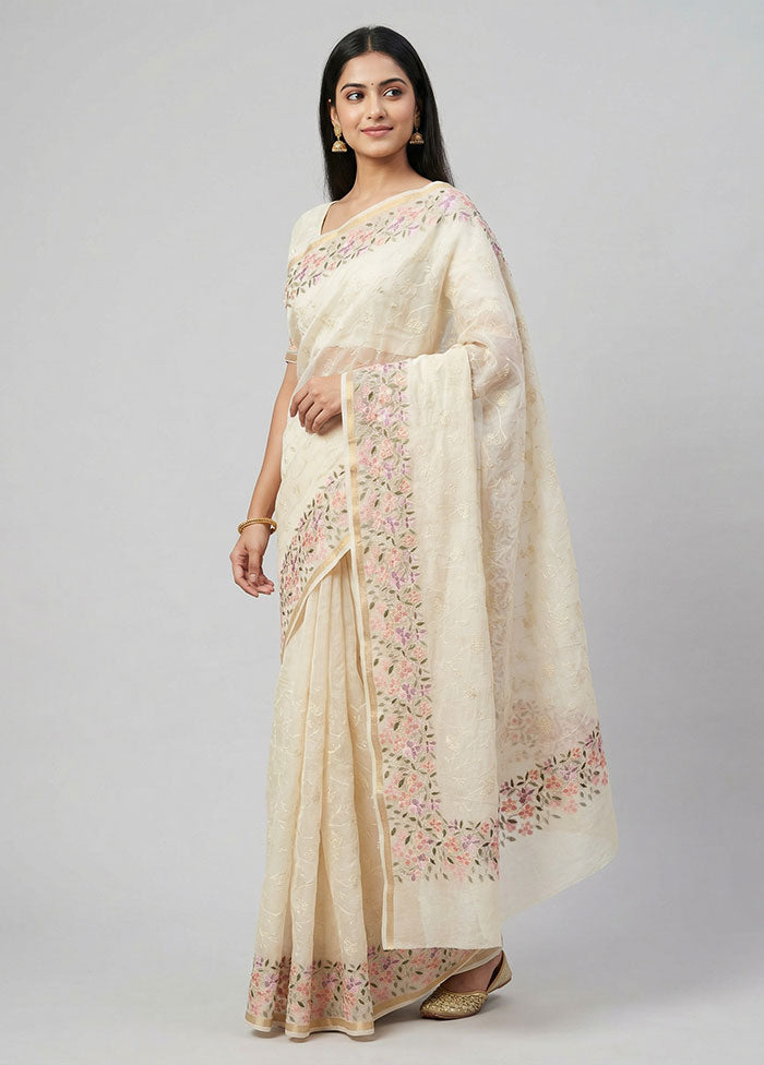 Cream Organza Saree With Blouse Piece
