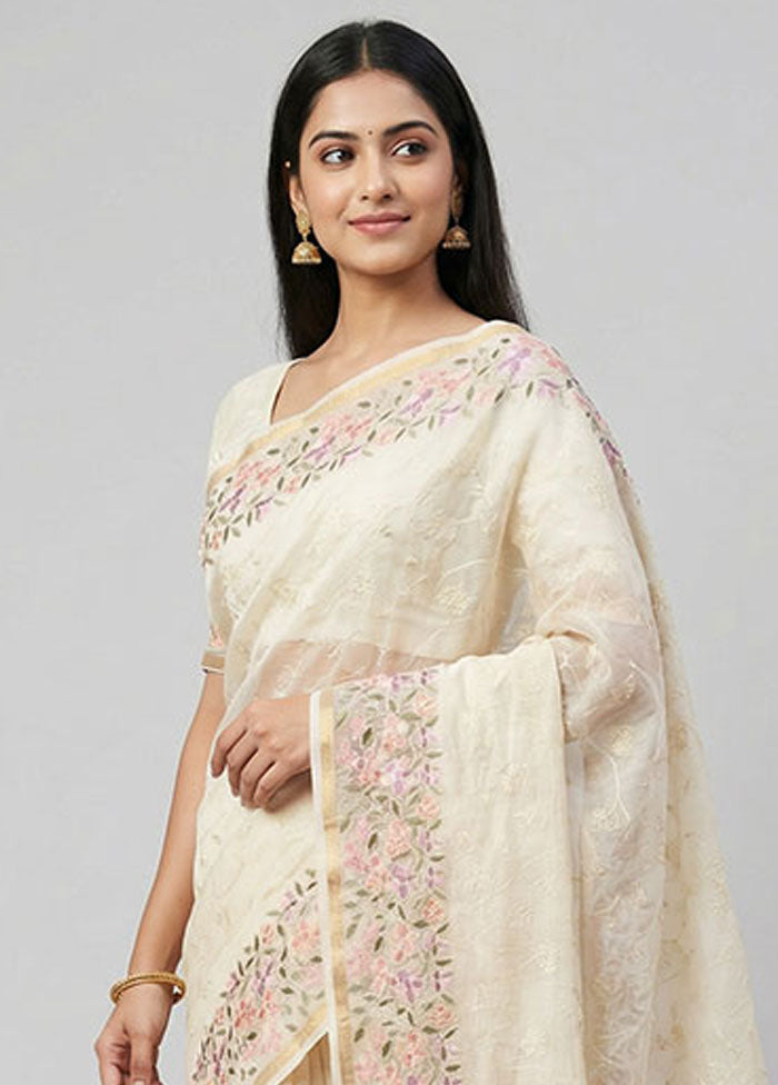Cream Organza Saree With Blouse Piece