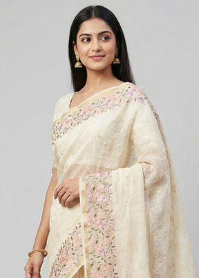 Cream Organza Saree With Blouse Piece