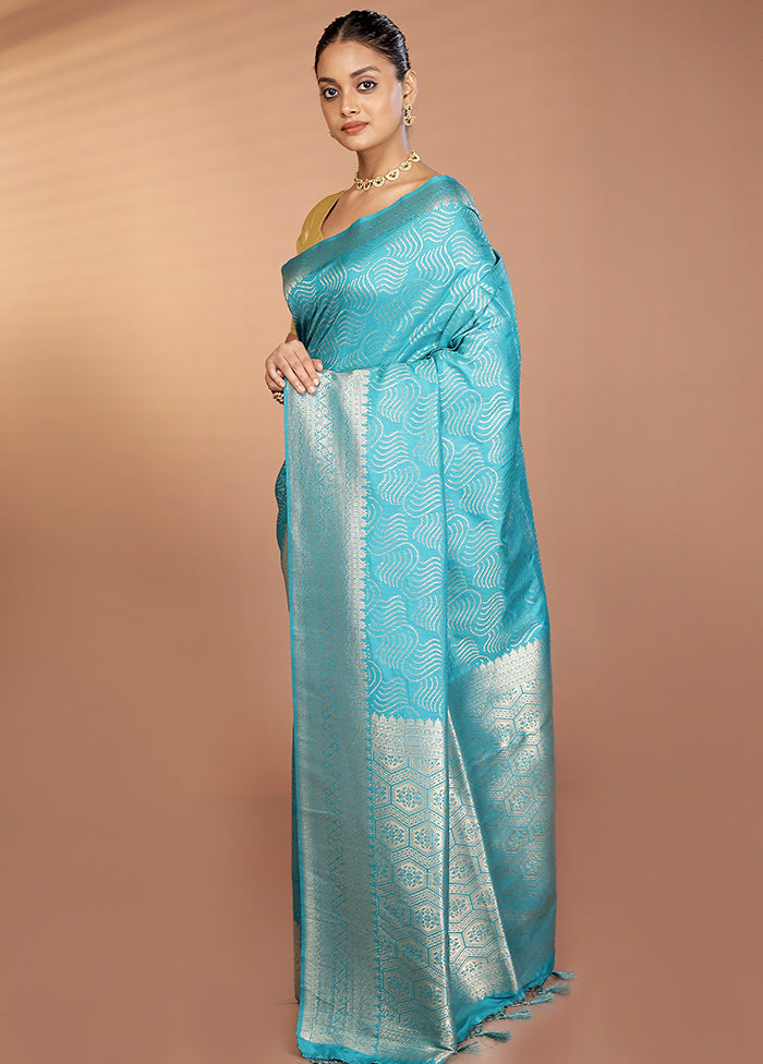 Blue Dupion Silk Saree With Blouse Piece