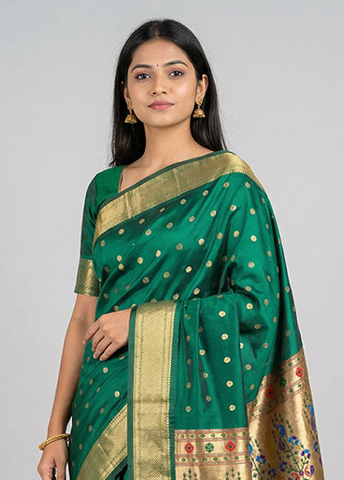 Green Handloom Kanjivaram Pure Silk Saree With Blouse Piece