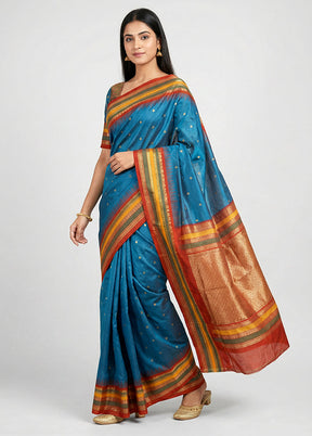 Blue Handloom Kanjivaram Silk Saree With Blouse Piece
