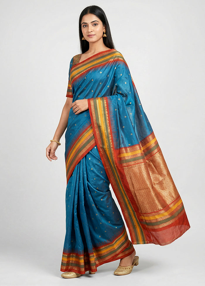 Blue Handloom Kanjivaram Silk Saree With Blouse Piece