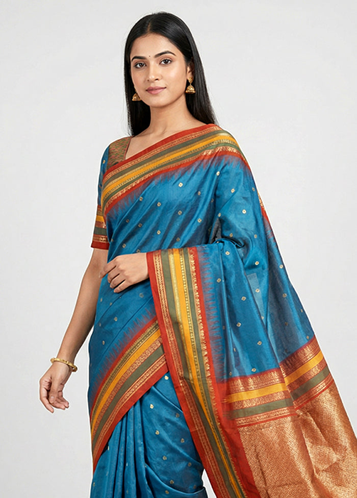 Blue Handloom Kanjivaram Silk Saree With Blouse Piece