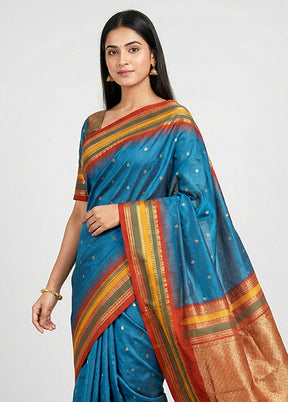 Blue Handloom Kanjivaram Silk Saree With Blouse Piece
