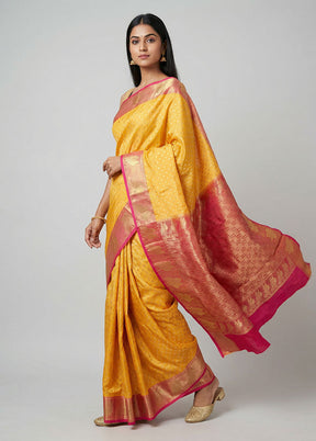 Yellow Handloom Kanjivaram Silk Saree With Blouse Piece