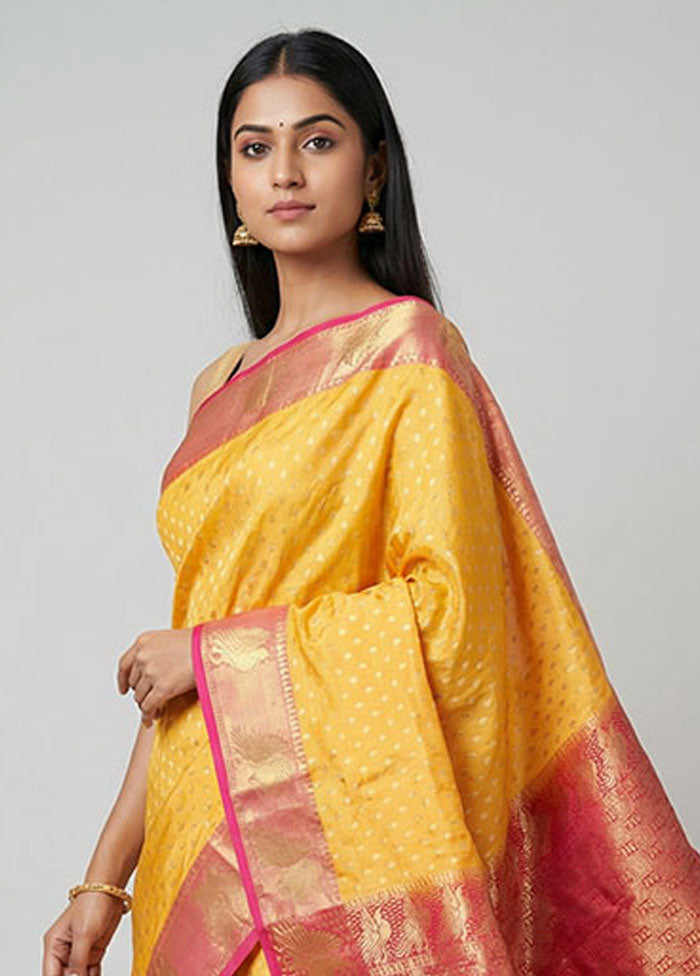 Yellow Handloom Kanjivaram Silk Saree With Blouse Piece