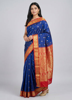 Blue Kanjivaram Silk Saree With Blouse Piece