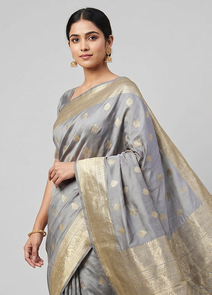 Grey Kanjivaram Silk Saree With Blouse Piece