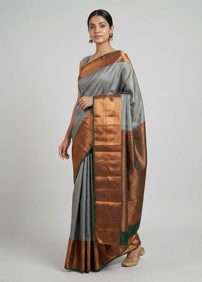 Grey Kanjivaram Silk Saree With Blouse Piece