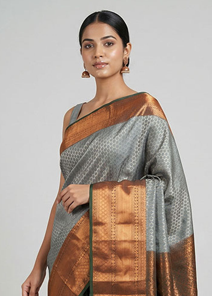 Grey Kanjivaram Silk Saree With Blouse Piece