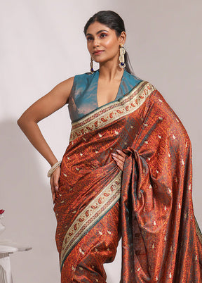 Brown Handloom Tanchoi Pure Silk Saree With Blouse Piece
