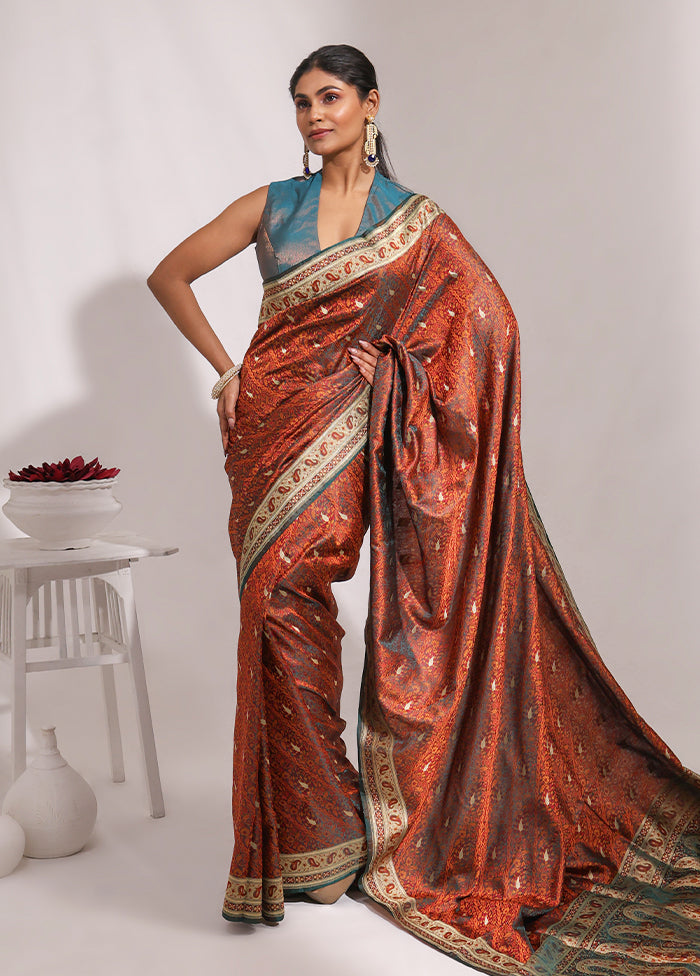 Brown Handloom Tanchoi Pure Silk Saree With Blouse Piece