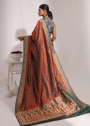 Brown Handloom Tanchoi Pure Silk Saree With Blouse Piece