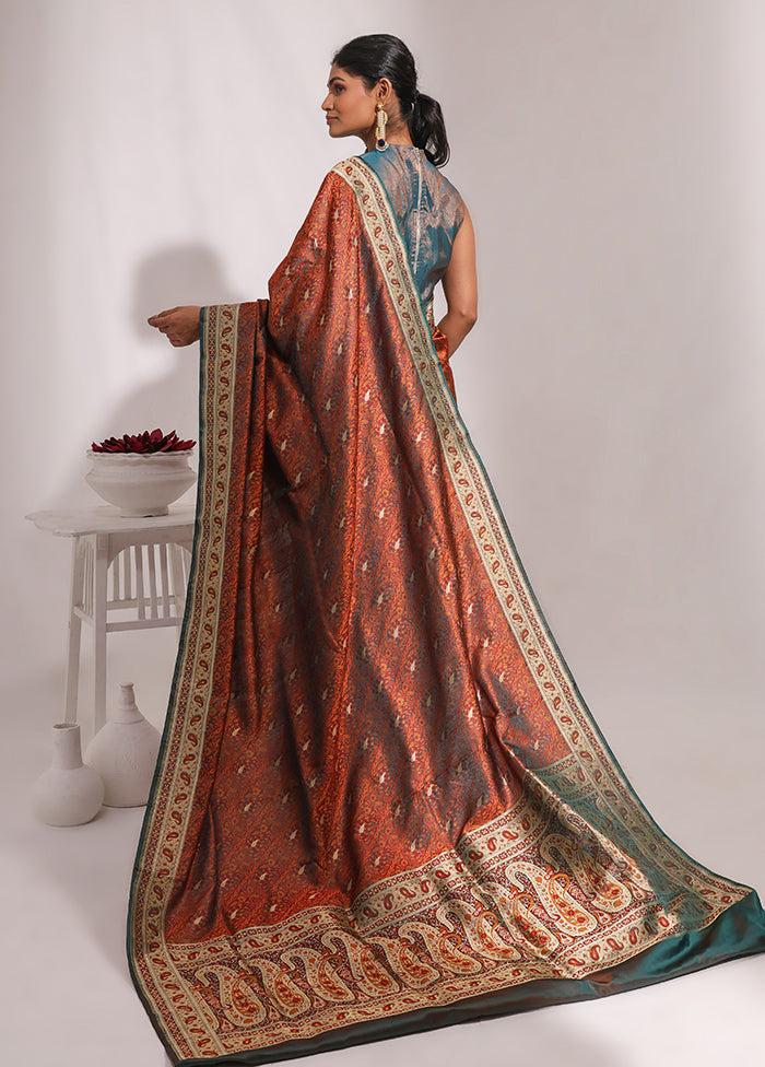 Brown Handloom Tanchoi Pure Silk Saree With Blouse Piece