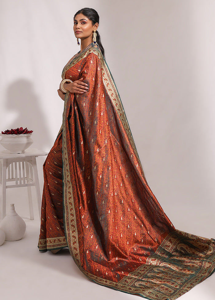 Brown Handloom Tanchoi Pure Silk Saree With Blouse Piece
