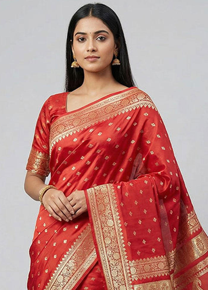 Red Banarasi Silk Saree With Blouse Piece