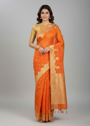 Orange Kora Silk Saree With Blouse Piece